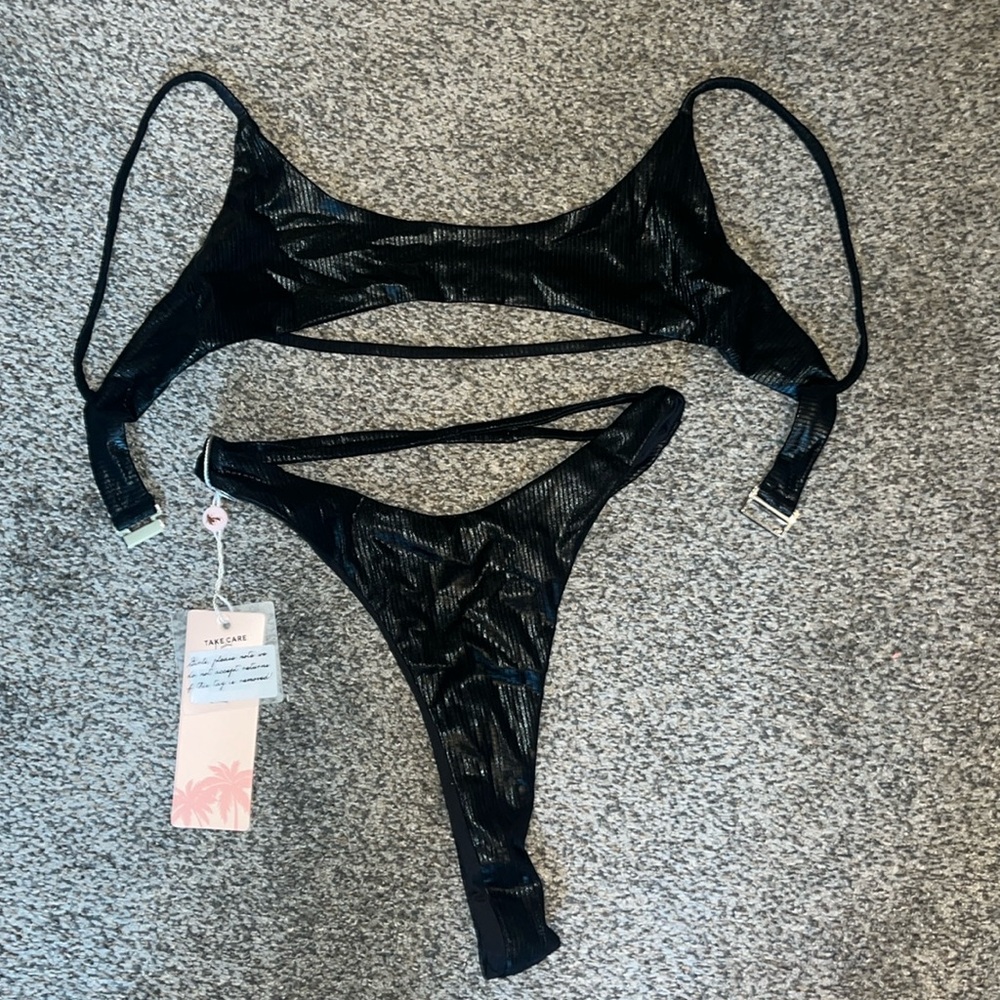Oh Polly Black Ribbed Bikini Set